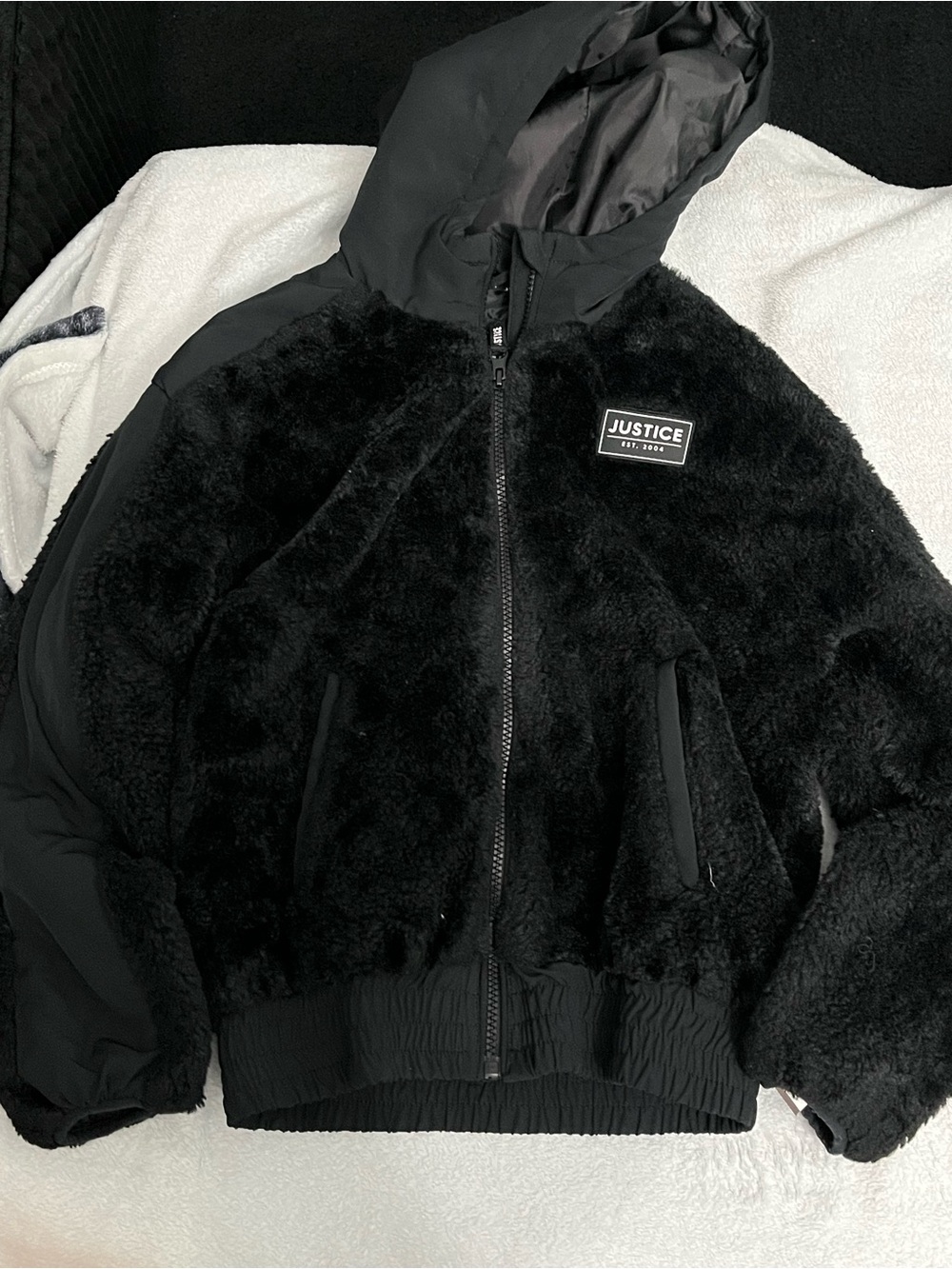 Justice Black Faux-Fur Hooded Puffer with Logo Patch